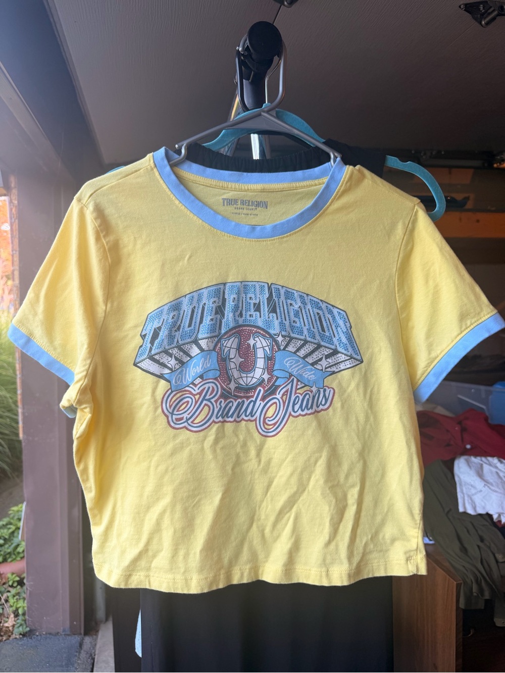 True Religion Yellow Tee with Light Blue Trim and Logo